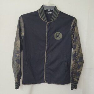 RK7 Jacket Mens S Black Green‎ Camo Quilted Sleeve Chest Logo Snap Front Varsity